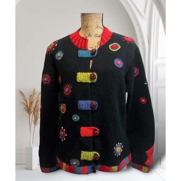 Newari Sweaters - Newari Handmade Black with Colorful Button Tabs 3D Wool Cardigan Sweater Medium